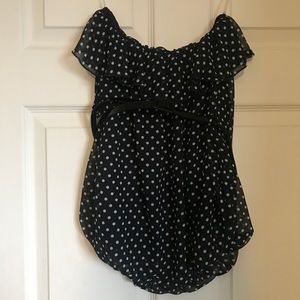O.Sher strapless navy/white polka-dot top w/ belt